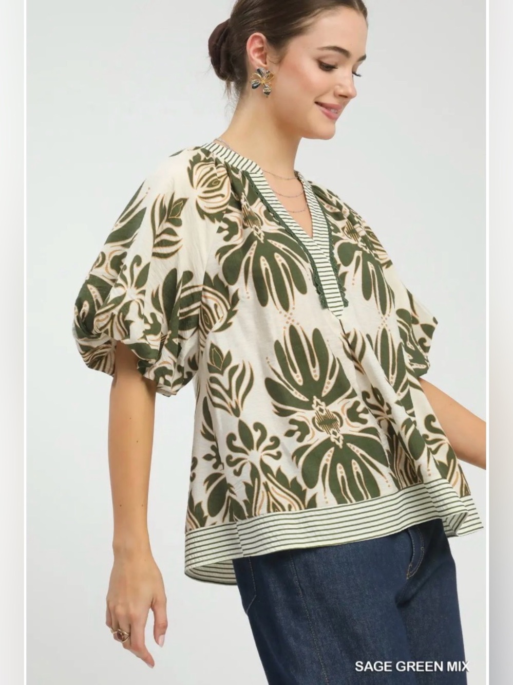 Umgee Mix Printed Puff Sleeve Top with Contrast Trim 🌿🛍️ - Picture 2 of 5